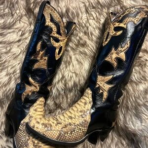 Black and Tan Women Western Heeled Boots - Exotic Snakeskin & Leather Sz 5 B